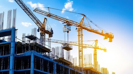 A construction site with cranes and steel frames, showcasing the use of smart technology in project management for commercial buildings