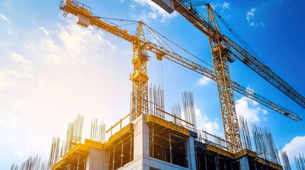 Naklejka premium A construction site with cranes and steel frames, showcasing the use of smart technology in project management for commercial buildings