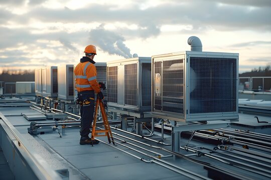 Technician conducts maintenance on rooftop HVAC units during sunset