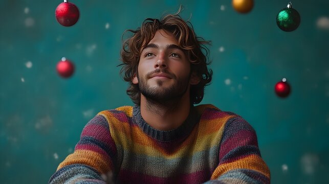 Skilled Juggler Effortlessly Balances Ornaments Against Teal Backdrop