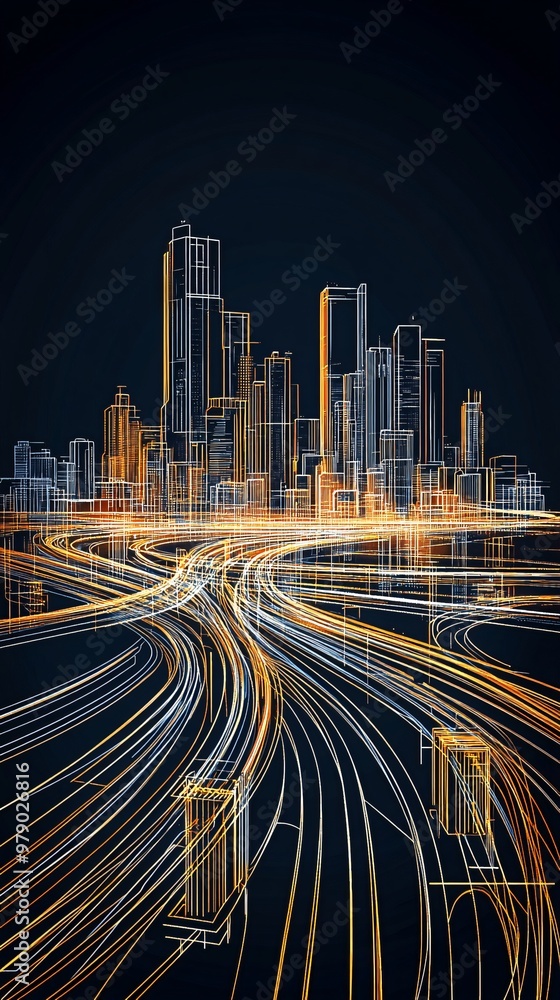 Poster abstract city skyline with glowing lines representing connectivity and infrastructure.