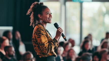 Happy businesswoman standing with a microphone in front of an audience