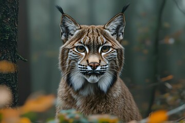 Fototapeta premium Lynx in a misty forest during autumn with golden foliage