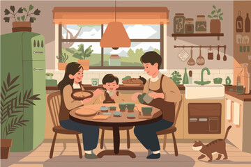 Cozy Illustration of Happy Family Eating Breakfast Together at Kitchen Table. Parents and Child Lifestyle, Domestic Life, Home, Mealtime, and Indoor Interior Scene
