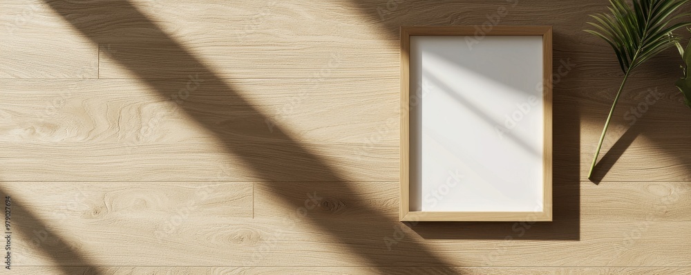 Poster an empty photo frame placed on a wooden table with shadows creating a warm atmosphere, ideal for min