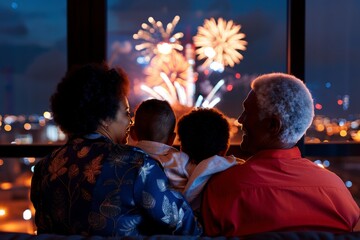 Obraz premium Family Celebrating New Year 2025 in Stylish Apartment with City Fireworks View