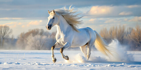 Beautiful white stallion with long mane walking in snowy winter field , horse, white, majestic, stallion, winter, landscape