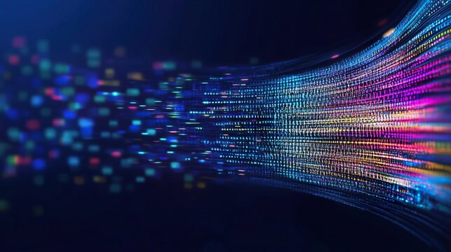 A digital illustration depicting the flow of data from one corner to another, with binary code and colorful lines representing the movement of information across an abstract grid b