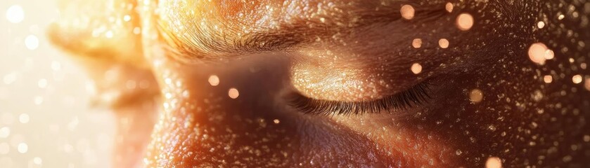 Fototapeta premium Close-up of a serene face with eyes closed, surrounded by sparkling light, evoking a sense of peace and introspection.