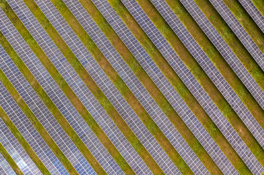 Aerial view of solar panels in rows at the FP&L Palm Bay Solar Energy Center, Palm Bay, Florida.