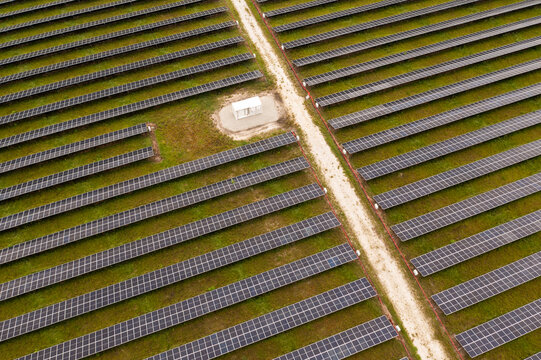 Aerial view of FP&L Palm Bay Solar Energy Center with rows of solar panels, Palm Bay, Florida, United States.