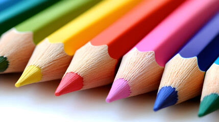 Obraz premium A close-up image of vibrant, sharpened color pencils. School theme
