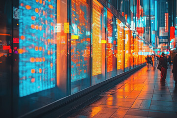 Obraz premium Futuristic city street, digital data overlay, neon lights, vibrant reflections on glass surfaces