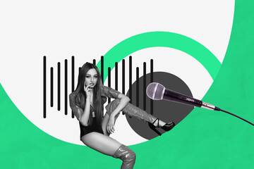 Composite photo collage of happy playful girl bite finger sexual singer performance mic concert...