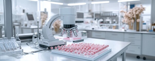 Modern laboratory interior with microscope and sample plates, ideal for science and research themes.