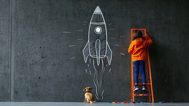 Photo of a child drawing on the wall with chalk, next to them is their dog, and they stand in front of it on a ladder