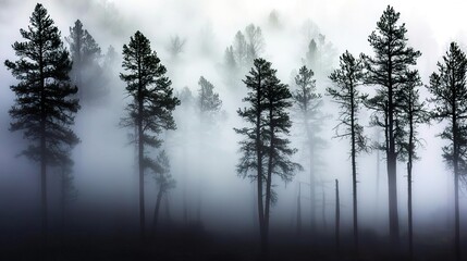 A misty forest scene in the mountains of Colorado, with tall trees shrouded by dense fog against a white background