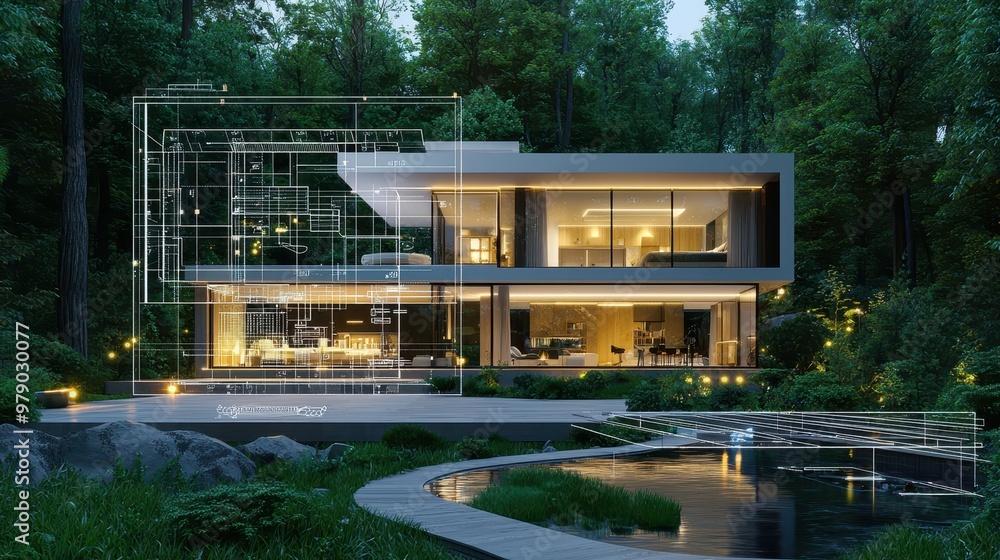 Poster modern house with pool and blueprint overlap in forest setting at night
