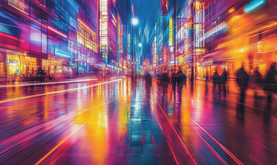 Fototapeta premium Futuristic city street, digital data overlay, neon lights, vibrant reflections on glass surfaces
