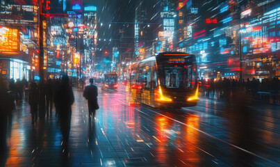 Naklejka premium Futuristic city street, digital data overlay, neon lights, vibrant reflections on glass surfaces