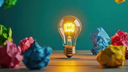 A light bulb glowing brightly, surrounded by colorful crumpled paper balls on a wooden table, symbolizing new ideas and creativity