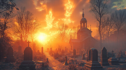 Obraz premium Abstract Eerie Cemetery at Sunset - A Hauntingly Beautiful Scene
