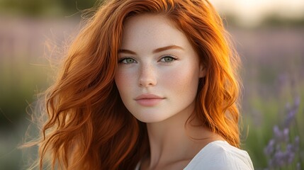 Naklejka premium A serene portrait of a young woman with vibrant red hair flowing in the wind, her piercing green eyes reflecting the calm lavender fields behind her, natural lighting