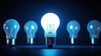 A row of light bulbs, one glowing brightly in the center, against a dark background