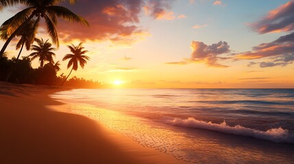 A serene beach with golden sand, palm trees swaying in the breeze, gentle waves lapping the shore under a pastel-colored sunset, Realistic, Soft lighting, Watercolor