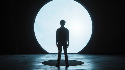 Obraz premium The person is placed against a contrasting black background with a large white circle behind them, creating a stark contrast
