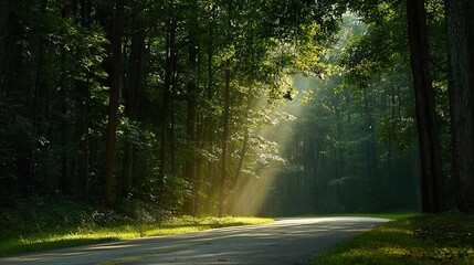 Obraz premium A beautiful forest road with the sun shining through the trees, casting light and shadow upon it