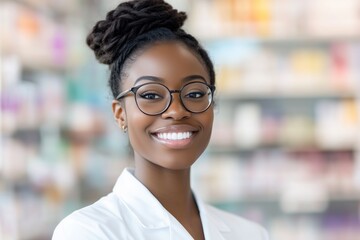 smiling black woman pharmacy worker wearing white uniform and hair in a bun, glasses, pharmacy in the background