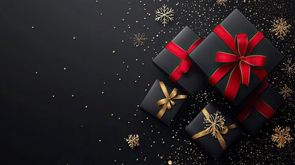 Black Friday Super Sale. Realistic black gifts boxes. 3d snowflake with glitter gold confetti, gift box with red bow. Dark background golden text lettering. Holiday banner, poster. generative ai