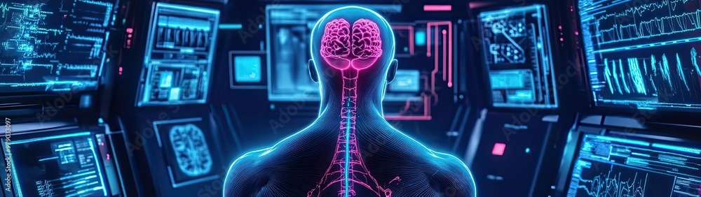 Poster a futuristic representation of the human brain connected to advanced technology, showcasing innovati