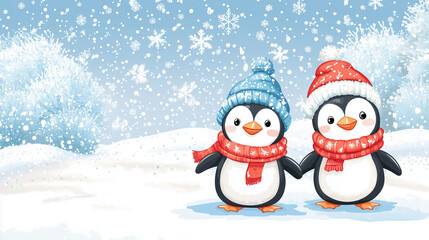 Adorable Penguins in Winter Hats with Snowflakes – Fun and Festive Scene