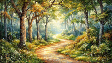 Fototapeta premium Serene forest path illuminated by soft sunlight