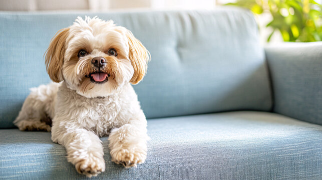 a cute dog sit on blue sofa, in the morning