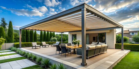 Obraz premium Trendy outdoor patio pergola shade structure with modern awning and stylish patio roof , outdoor, patio, pergola, shade, structure