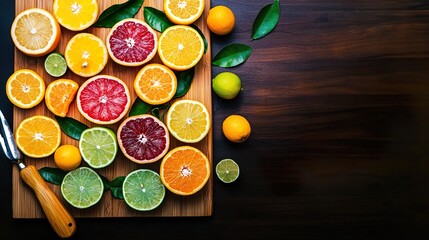 A wooden board with sliced oranges, lemons, and limes arranged in an overhead shot on a dark wood background