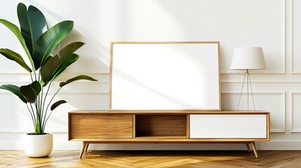 A mockup of an empty white canvas, leaning against the wall on top of a modern wood TV console in a mid-century style with light wooden legs and open drawers, white walls, wooden f