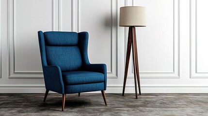A blue wingback chair stands against the background of white walls