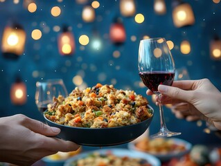 A Thanksgiving feast on a farm table under the stars, with lanterns hanging overhead and guests toasting with glasses of wine, the stuffing dish featured prominently
