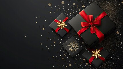 Black Friday Super Sale. Realistic black gifts boxes. 3d snowflake with glitter gold confetti, gift box with red bow. Dark background golden text lettering. Holiday banner, poster. generative ai