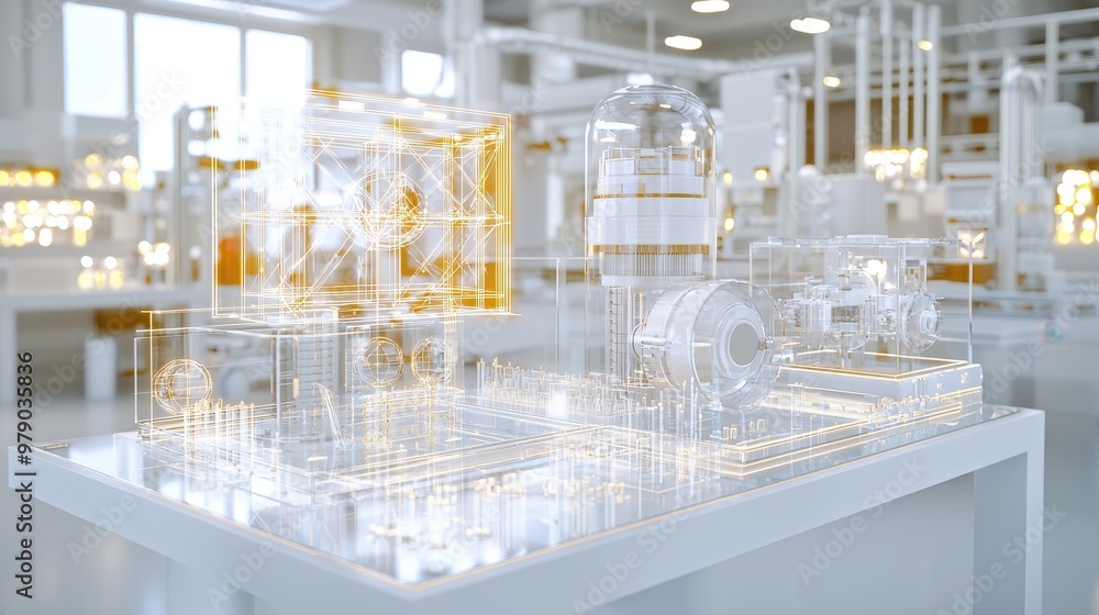 Poster d model glass transparent display stand futuristic science technology architecture design