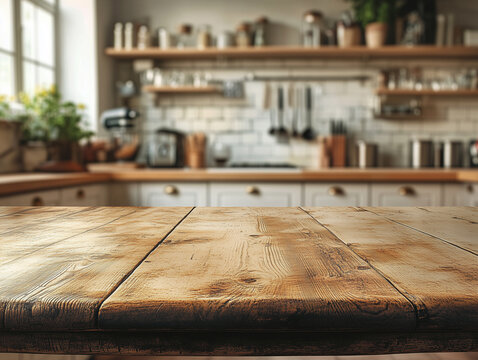 Empty wooden table on blurred kitchen background