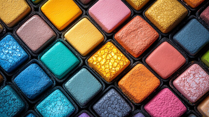 Fototapeta premium Colorful array of powder pigments arranged neatly, showcasing vibrant tones and textures ideal for arts and crafts projects.