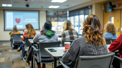 A group of coworkers participating in a workplace wellness seminar about heart disease prevention
