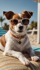 Dog wearing sunglasses sitting on a beach lounger with sandy ground background