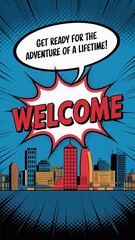 Naklejka premium Colorful Comic Book Poster with ?WELCOME? and Adventure-Themed Text