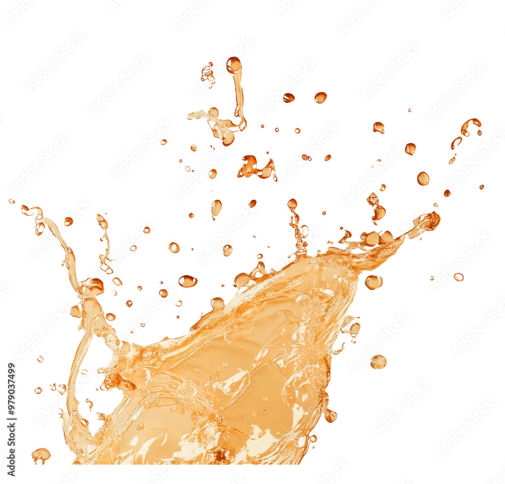 Poster splash of orange liquid creating dynamic droplets with a transparent background